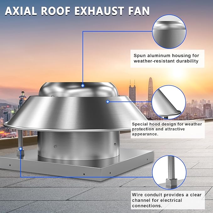 Roof Exhaust Fan Direct Drive Axial Downblast Exhaust Fan -21"" Fan Base, 1/6 HP 115 Volt Single Phase Motor 1160 CFM, 14 Inch, Aluminum