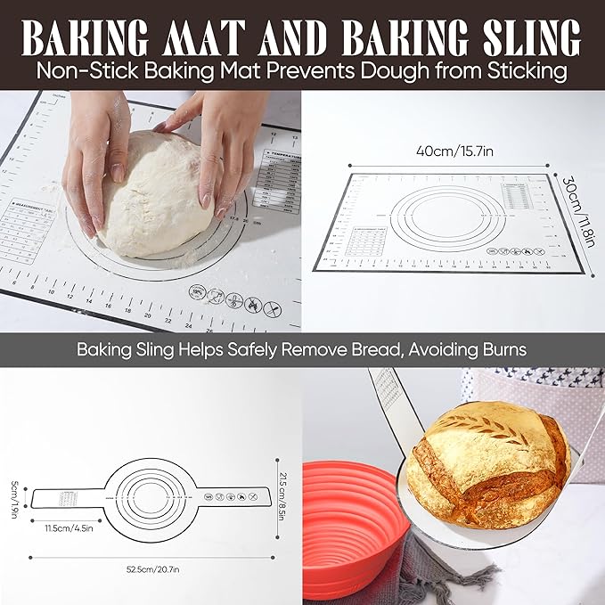 Sourdough Starter Kit with Jar – Complete Sourdough Bread Baking Supplies for Beginners, Includes 2 Silicone Proofing Baskets Baking Mat Sour Dough Kit - Red