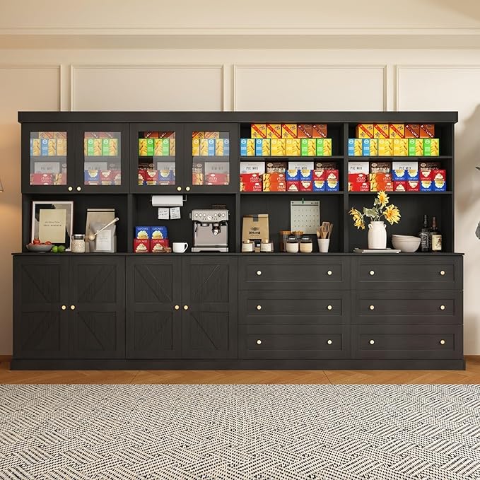 71" Tall Farmhouse Kitchen Pantry, Black Large Storage Cabinet with Glass Doors and Drawers, Freestanding Coffee Bar Hutch with Microwave Stand, Adjustable Shelves for Kitchen or Living Room, Set of 4