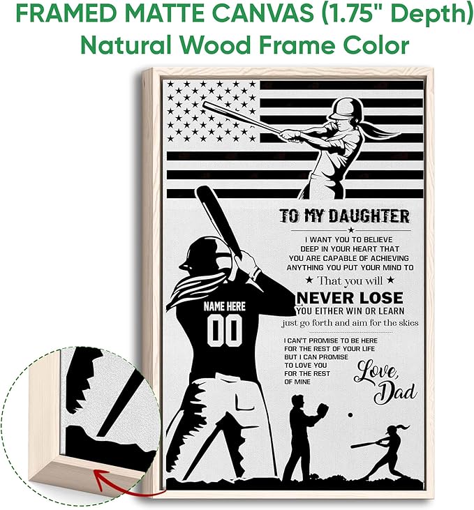 Custom Softball To My Daughter From Dad Sports Motivational Gift Personalized Name Number Poster & Framed Canvas, Wall Art Home Office Decoration Living Room Bedroom Aesthetic Decor