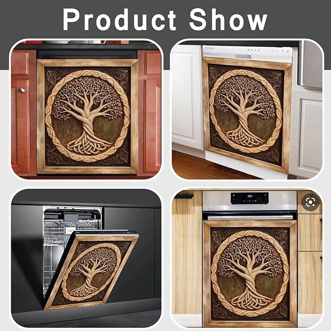 Wood Tree of Life Dishwasher Cover Skin Panel Decal, 3D Wood Sculpture Tree of Life Refrigerator Door Cover Vinyl Dishwasher Sticker - 23" W x 26" H Ordinary