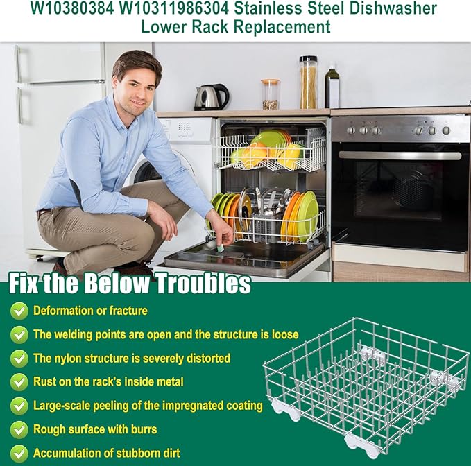 Upgraded 304 Stainless Steel W10311986 W10380384 Dishwasher Lower Rack Replacement for Whirlpool Dishwasher Bottom Rack 300563, DU911PCDQO with WP3376961 Wheels