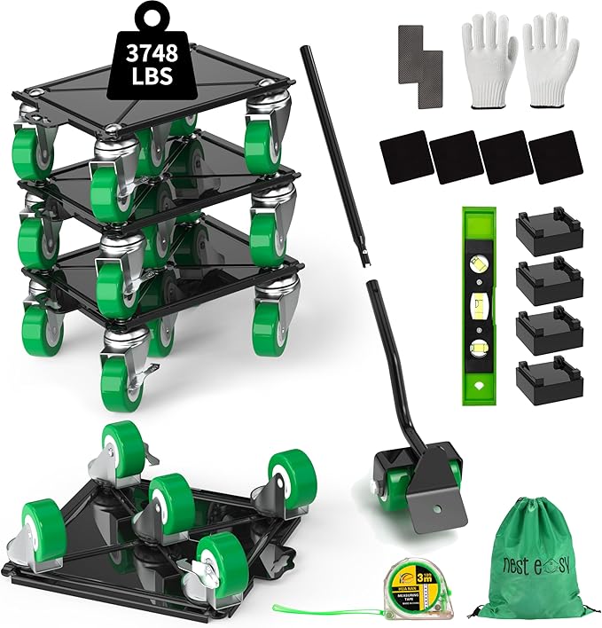 Upgraded Heavy Duty Furniture Dolly 360° Rotating 5 Wheels, Alloy Steel Furniture Movers Up to 3748 lbs/1700 Kg Load Capacity with Measure Tape and Leveler (8.6x7.8 in)