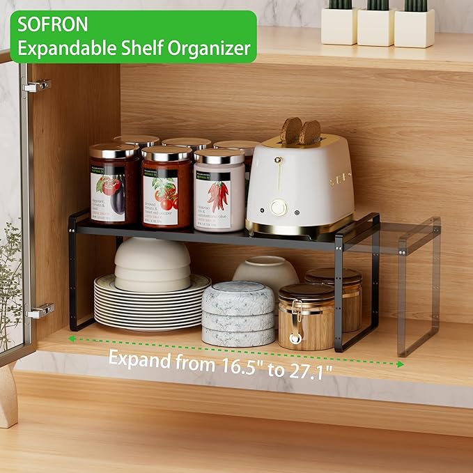 Expandable Cabinet Storage Shelf Stackable Organizer Rack for Kitchen Bathroom Pantry Spice Cupboard Countertop Home Office Desk Heavy Duty Nonslip Black Large 3 PACK