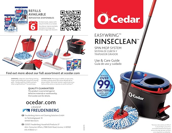 O-Cedar RinseClean Spin Mop & Bucket System + 2 Extra Mop Heads| Clean with Water | Removes 99% of Bacteria Plastic
