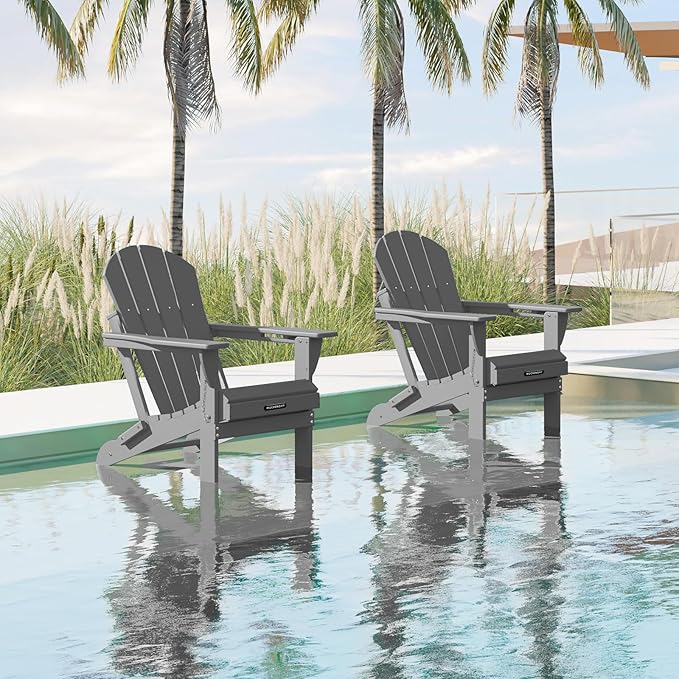 MUCHENGHY Folding Adirondack Chairs HDPE Weather Resistant 4 Pack, Patio Firepit Chairs, Sturdy Outside Chairs, Lawn Chairs, 15min Assembly 380lb Grey