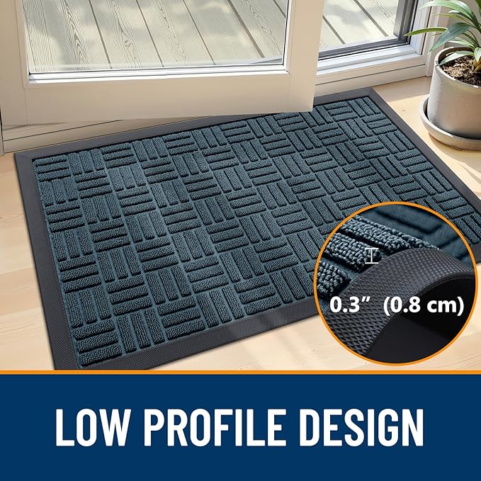 OLANLY Front Door Mat Outside Entrance 33x21, Absorbent, Heavy Duty Sturdy Natural Rubber Doormat Indoor Outdoor, Non-Slip, Stain and Fade Resistant, Low Profile Floor Mat for Entryway, Lake Blue