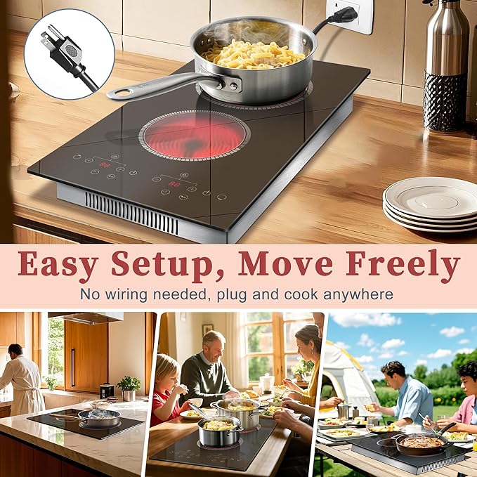 2 Burner Electric Cooktop, 120V Electric Stove Top Touch Control, 12 Inch Double Burner Countertop 2000W with Timer & 9-Level Adjustment, Child Lock, Built-in Radiant Plug In Stove Top Pladeca