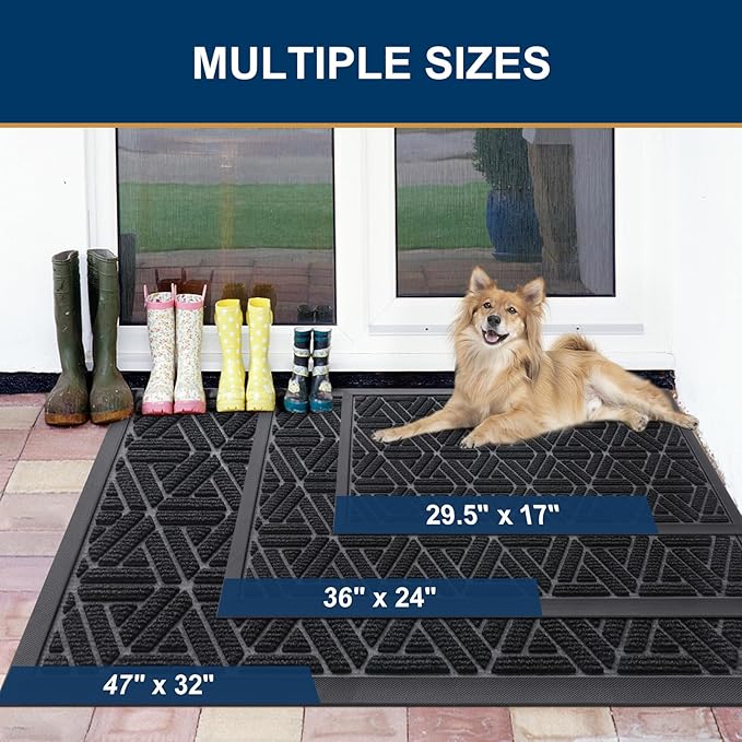 Smiry Front Door Mat Outside Entrance, Heavy Duty Sturdy Natural Rubber Doormat, Trap Dirt and Moisture, Easy Clean Low Profile Mats for Indoor Outdoor Entry, Grid Geometric (59x34, Black)