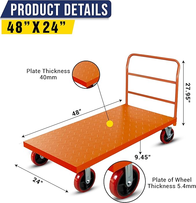 Platform Cart Industrial Dolly Cart 3300LB Heavy Duty 48” x 24” Platform Hand Truck Push Cart Super Heavy Duty Diamond Plate Commercial Flatbed Cart with 8'' Moving Swivel Wheels (Orange)