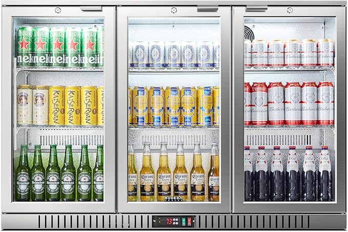 BODEGA BODEGACOOLER Back Bar Cooler With 3 Glass Doors,11.4 Cu.Ft Stainless Steel Commercial Back Bar Fridge with LED Lighting, Counter Height Bar Beverage Cooler for Beer,Soda Drinks,Wine