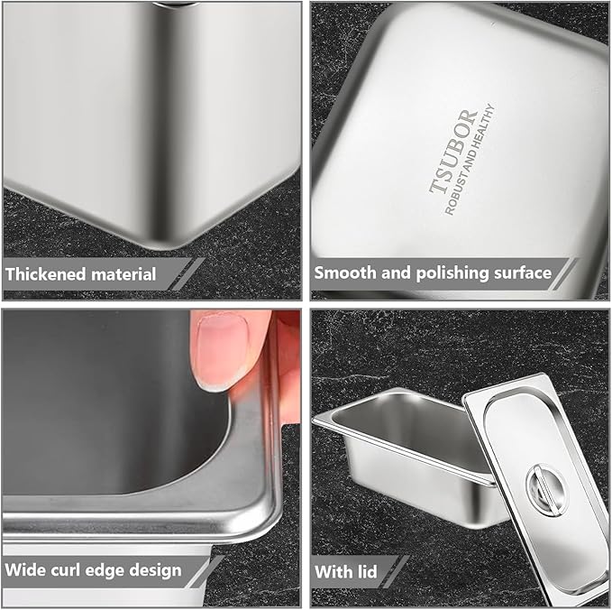 6 Set Stainless Steel Hotel Pans 1/3 Size 4 Inch Deep With Lids, Anti-Jam Chafing Steam Table Pans, Catering Food Storage Metal Pan
