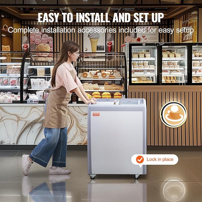 VEVOR Commercial Ice Cream Display Case, 5.6 Cu.ft Chest Freezer, Mobile Glass Top Deep Freezer, Restaurant Gelato Dipping Cabinet, 2 Sliding Glass Doors, Locking Casters, White