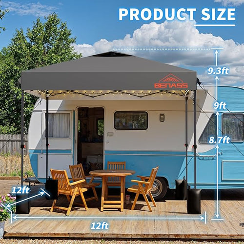 12x12 Pop Up Canopy, Easy Up Canopy Tent, Heavy Duty Tents for Parties, One Person Set Up Event Tent, Light Grey