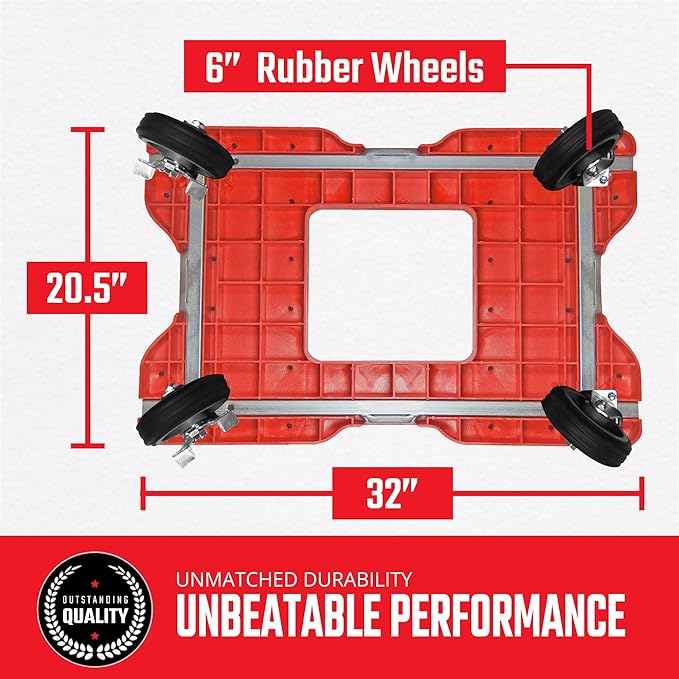 SNAP-LOC, All Terrain 4 Wheel Heavy Duty Dolly Cart, 6 Inch Casters, E Strap Attachment Included, 1,500 lb Capacity, Made in USA, Red
