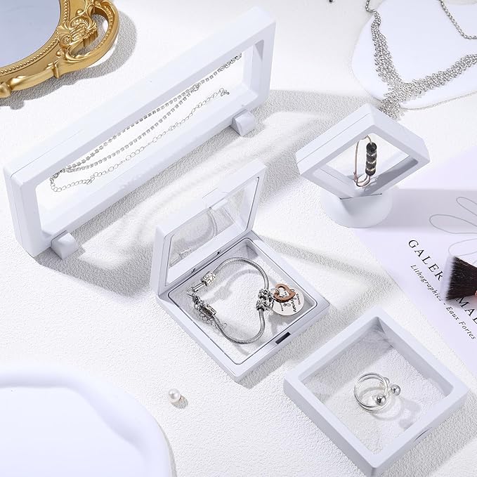 30 Pack 3D Floating Display Stand Floating Frame Display Case Coin Display Holder with Base Transparent PE Jewelry Storage Box Black Freeze Seal Frame for Jewelry,Specimen,Medallions( White)
