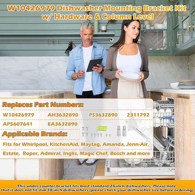 W10426979 24" Dishwasher Undermount Bracket Kit Fits Whirlpool/KitchenAid/Maytag 24 Inch Standard Replaces AH3632890/EA3632890/PS3632890/2311792 for Granite & Quartz Countertops (w/ Column Level)