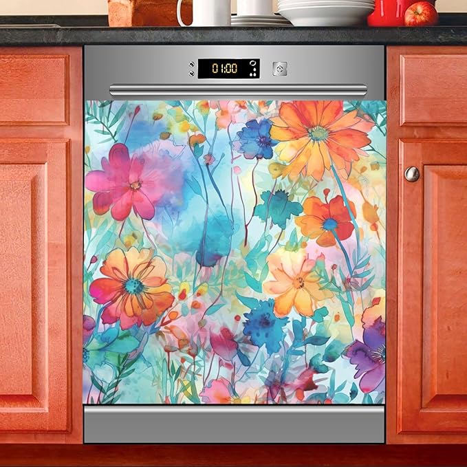 Colorful Beautiful Flowers Dishwasher Magnet Cover Sticker Magnetic Refrigerator Panel Front Door Fridge Microwave Decal Decorative
