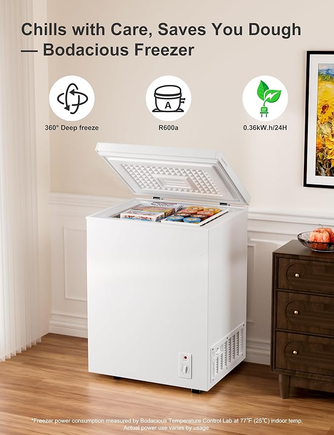 3.5 Cu.Ft Compact Chest Freezer, Energy Saving (0.36kWh/24H) & Ultra-Quiet (<40dB), with Removable Basket, 6-Temp, Manual Defrost Drain, Top Open Door Deep Freezer for Apartment, Dorm, Kitchen, White