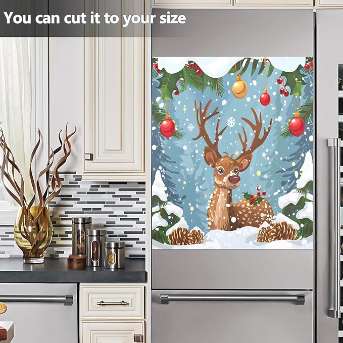 Reindeer Christmas Holly Snow Dishwasher Magnet Cover Magnet Sticker for Kitchen 23x26in Dish Washer Magnet Cover Refrigerator Magnets Panel Decal Pad