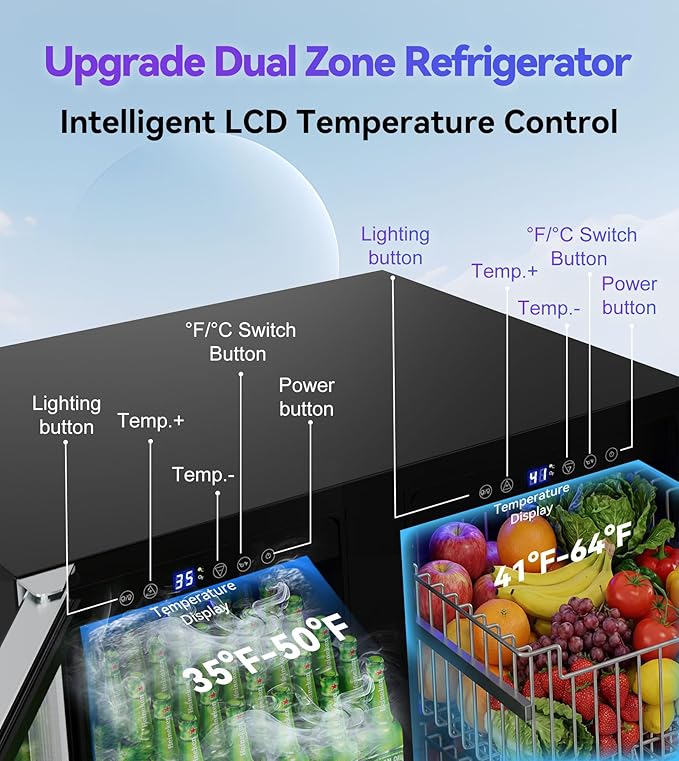 Dual Zone Beverage Refrigerator, 30'' Beverage Fridge with Detachable Basket, Intelligent Control Beverage Cooler with Glass Door Built-in or Freestanding with Blue LED Light, Hold 130 Can 60 Bottle