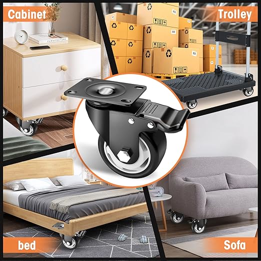 Casters, 3" Caster Wheels，Casters Set of 4 Heavy Duty - ASRINIEY Black Polyurethane Castors, Top Plate Swivel Wheels, 4-Pack Industrial Casters with Brake, Locking Casters for Furniture and Workbench
