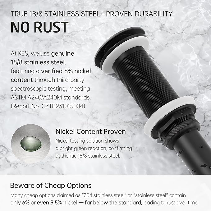 KES Bathroom Sink Drain with Extended Thread, All Metal Pop Up Drain Stopper without Overflow for Thicker Vessel Sinks and Countertops, Brass and Stainless Steel Matte Black, S2022D-BK