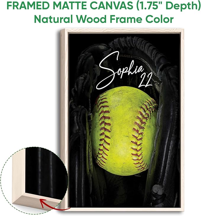 Custom Softball Ball Black Glove Sports Gift For Girls Players Personalized Name Number Poster & Framed Canvas, Wall Art Home Office Decoration Living Room Bedroom Aesthetic Decor