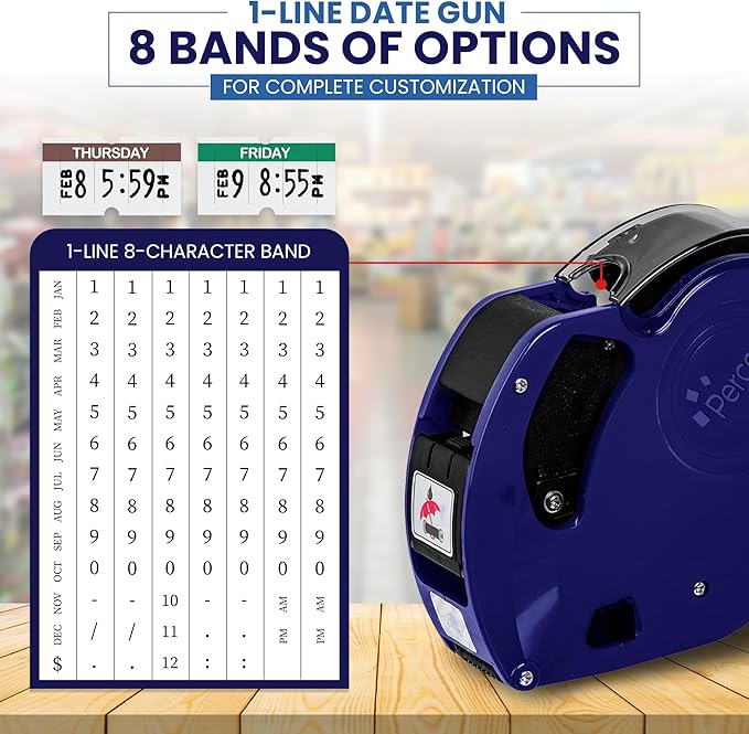 Perco Lite 1 Line Date Gun with Day of Week Labels Kit - Includes Perco Lite Date-Marking Gun, 1 Sleeve (7 Rolls) of Day of Week Labels (Full Week), 1 Scraper, 2 Ink Rollers (1 Preloaded) & 1 Gun Clip
