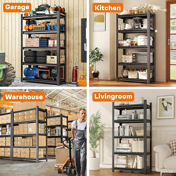 Metal Garage Shelving 5 Tier, 48"W x 73"H x 24"D Heavy Duty Storage Shelves, Easy to Assemble, Adjustable, 3000 lbs Capacity Steel Storage Utility Rack Shelf Unit for Warehouse, Pantry, Office, Black