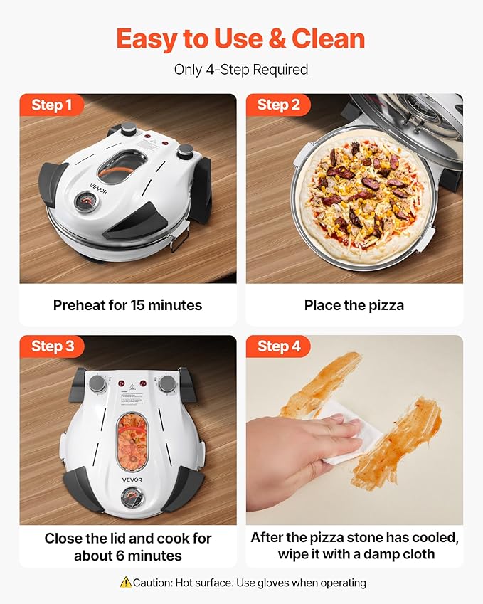 VEVOR Pizza Oven, 12 in Electric Pizza Maker, 1200W Electric Pizzas Cooker with Cordierite Stone, 5-Mode Temperature Control, Viewing Window for Precise Cooking, Heats up to 788 ˚F, for Home (White)