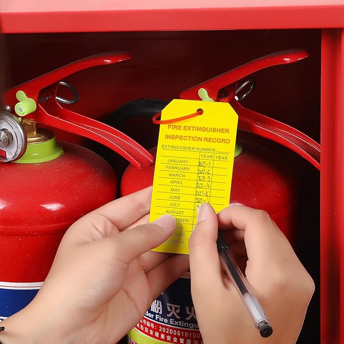 Outus 50 Sets Fire Extinguisher Tags with Adjustable Wire Ties 4.2 x 2.1 Inch Monthly Inspection Waterproof Tags Extinguisher Recharge and Inspection Record for Indoor Outdoor(Red and Yellow)