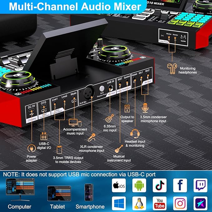 Podcast Microphone Bundle with Live Sound Board Audio Mixer, Podcast Equipment Bundle with 3.5mm Condenser Microphone(P15) for Pc/Phone Live Streaming Singing Gaming, Voice Changer, Denoise