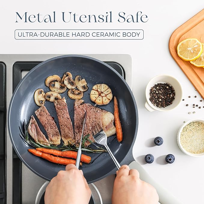 PRICUSIS Nonstick Ceramic Frying Pan Skillet, 8+10 Inch Induction Compatible with Stay Cool Handle, Healthy PTFE PFAS & PFOA Free Omelet Pan, Dishwasher Safe (Blueberry Gray)