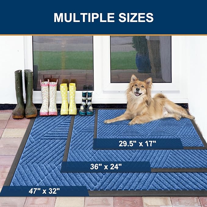 Smiry Front Door Mat Outside Entrance, Heavy Duty Sturdy Natural Rubber Doormat, Trap Dirt and Moisture, Easy Clean Low Profile Welcome Floor Mats for Indoor Outdoor Entry, 35X23 Inch, Blue