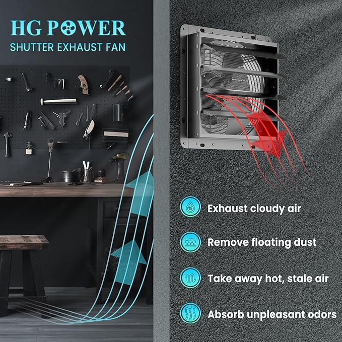 HG Power 16 Inch Shutter Exhaust Fan with Speed Controller, 1096 CFM High-Speed Vent Fan, Wall Mounted Attic Fan for Shed, Basement, Gable, Chicken Coop Ventilation Use, Black