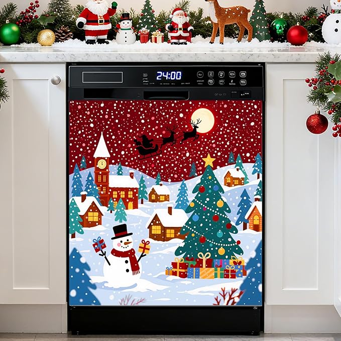 Christmas Night Dishwasher Magnet Cover, 23" W x 26" H Fridge Magnetic Stickers Reuseable Magnet Panel Decal Cover for Washing Machine Fridge Microwave Cabinet Kitchen Christmas Decoration