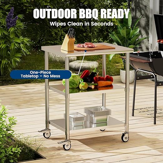 Stainless Steel Work Table with Wheels, 24x30 Inch NSF Kitchen Prep Table with 2 Adjustable Undershelves for Commercial Restaurant, Garage, Outdoor BBQ