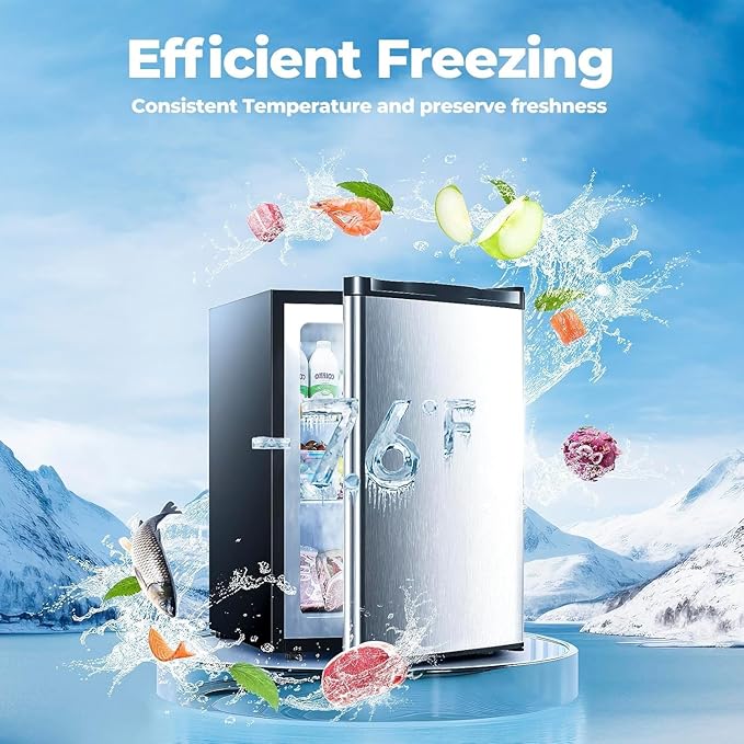 3.2 Cu.ft Small Upright Freezer, Mini Freezer with Adjustable Thermostat, Removable Shelves, Reversible Single Door, for Bedroom/Home/Dorms/Apartment, Silver