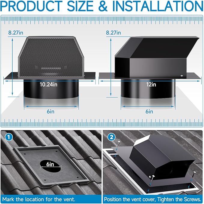 Hon&Guan 6 Inch Roof Vent Cap，Upgraded Airflow Roof Vents for Houses Watertight Galvanized Steel Roof Exhaust Vent for Ventilation System-with Damper