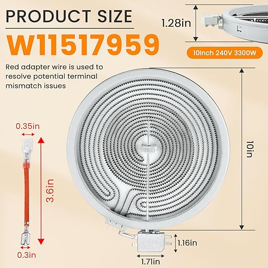 2026 Upgrade W11517959 W10275048 10" Range Dual Radiant Surface Heating Element Replacement Fit for Whirl-Pool, May-tag, Kitchen-Aid, Jenn-Air Stove, Replace W10169799 W10823729 by Fetechmate