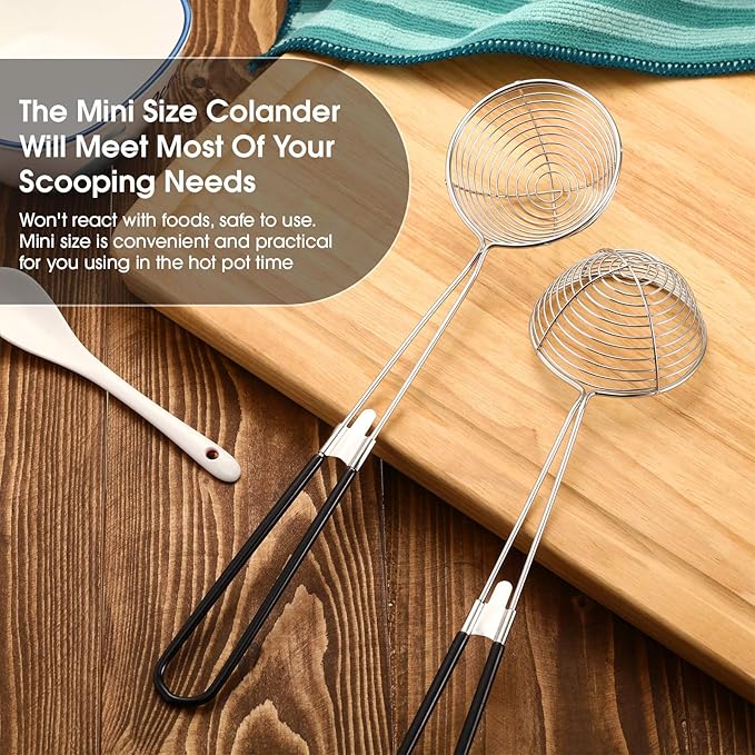 Geiserailie 6 Pieces 6 Pieces Hot Pot Kit Strainer Scoops Stainless Steel 2.5 Inch Mini Spider Strainer Skimmer Pasta Mesh Spoon Asian Skimmer Spoon Ladle with Handle for Home (Black)