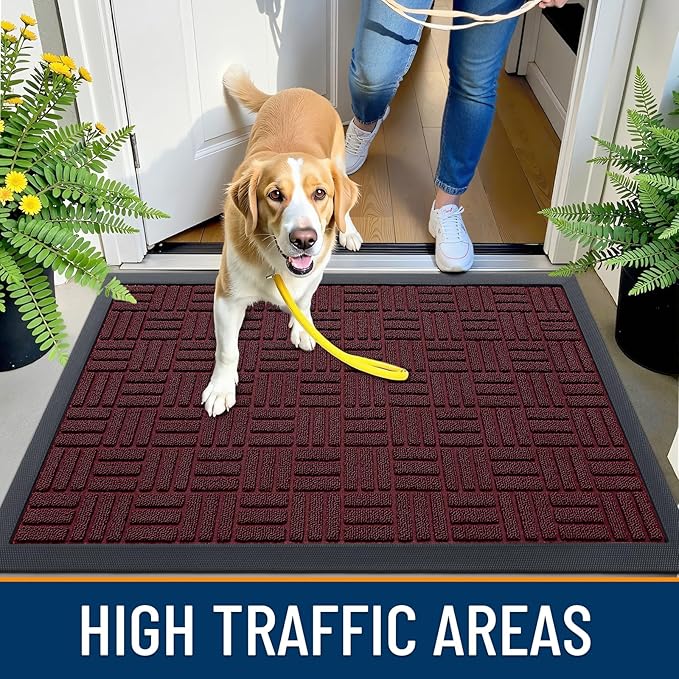 OLANLY Front Door Mat Outside Entrance 35x23, Absorbent, Heavy Duty Sturdy Natural Rubber Doormat Indoor Outdoor, Non-Slip, Stain and Fade Resistant, Low Profile Floor Mat for Entryway, Burgundy
