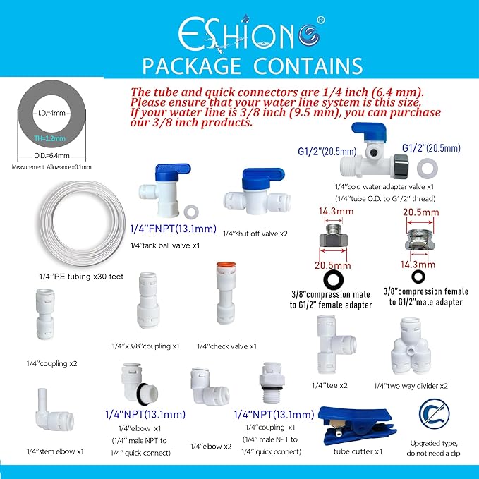 NSF Certified 1/4" O.D. Push to Connect Fittings for RO (Reverse Osmosis) Water Filter（with Shut-Off T Valve）18 pcs+30 feet 1/4" Water tubing.
