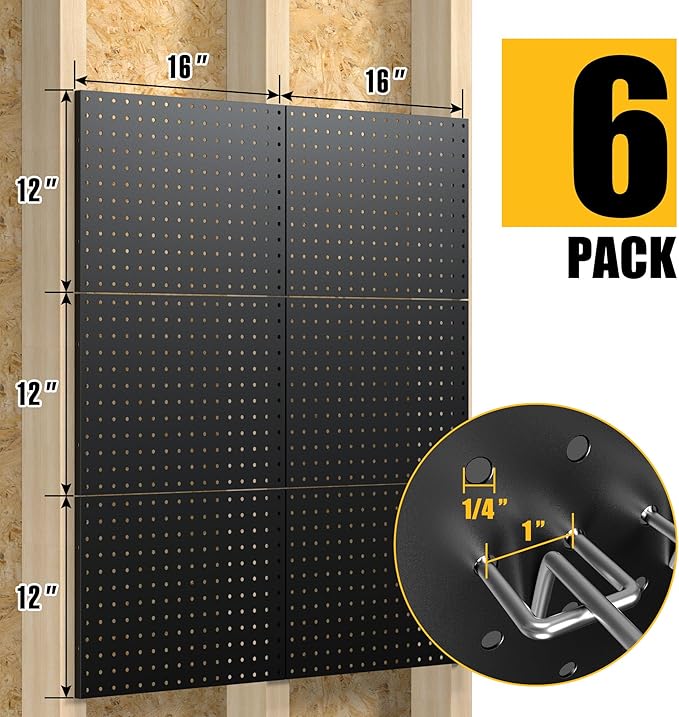 Peg Board, 6 Pack Metal Pegboard Panels Black Pegboards Wall Organizer with 50 Hooks, Heavy Duty Peg Board for Walls Home, Garage Tool Storage, Office Organization, Craft Room, Kitchen