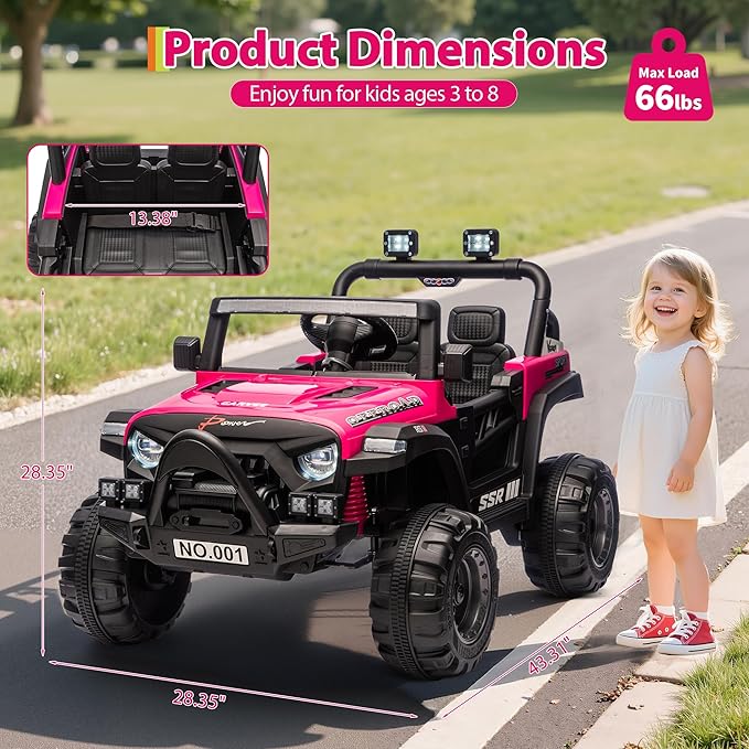 12V Kids Ride on Car, Electric Ride on Truck w/Parent Remote, Spring Suspension, Bluetooth Music, LED Light, 4.1Mph Max Speed, 3 Speeds, Battery Powered Vehicles for Kids Toddler Age 3-8, Rose