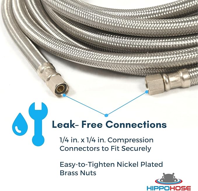 Refrigerator Icemaker Hose (20 FT) - Universal Fit to ALL Refrigerator Brands - Icemaker Water Supply Line - ¼” x ¼” Connections - SS Refrigerator Supply Hose for Ice & Water