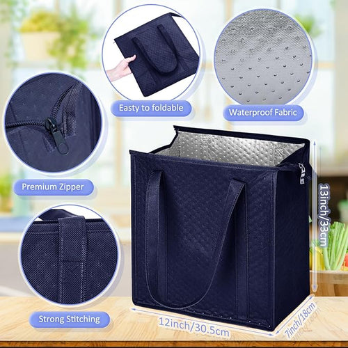10 Pack Large Insulated Grocery Bags Reusable Shopping Bags with Zippered Top 13 x 12 x 7 Inch Thermal Cooler Totes Bulk with Handles for Hot Cold Food Delivery Refrigerator(Navy Blue)