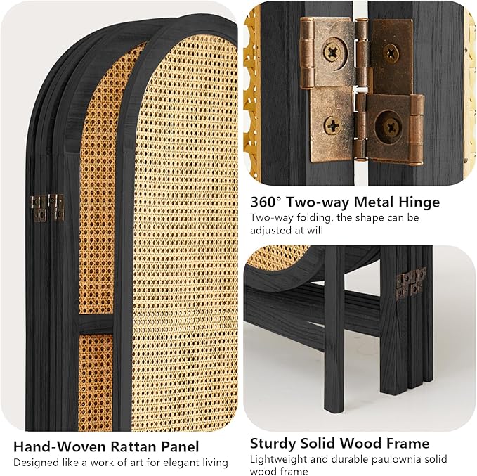 4 Panel Room Divider, Hand-Woven Rattan Room Divider Screen, Folding Privacy Screens with Double Hinges, Wooden Freestanding Wall Divider for Room Separation Bedroom Home Office - Black