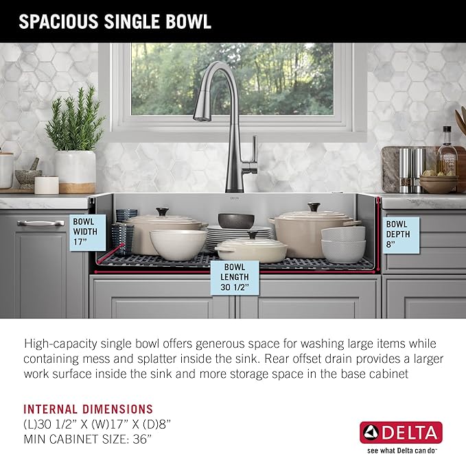 DELTA FAUCET Delta Lenta 33-inch Retrofit Farmhouse Apron Front 16 Gauge Stainless Steel Single Bowl Kitchen Sink for Undermount/Drop-In Installation with Accessories, 95J132-T33S-SS